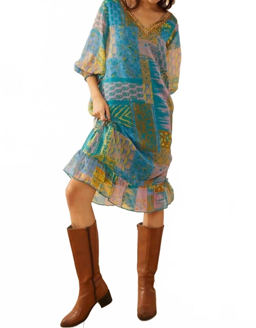 NEW BOHERA vibrant patchwork print v-neck dress in blue, green